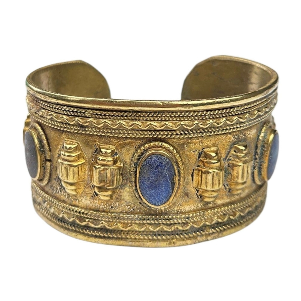 Afghan Peshawar Lapis Lazuli Cuff Bracelet Gilt Brass Blue Ethnic Vintage ~6.5" - Picture 3 of 11